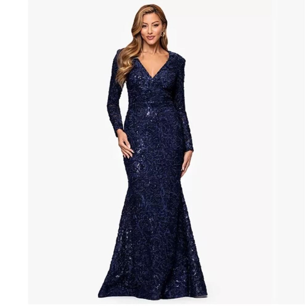 NWT XSCAPE Navy blue sequin v neck long sleeve mother of the bride maxi dress 12